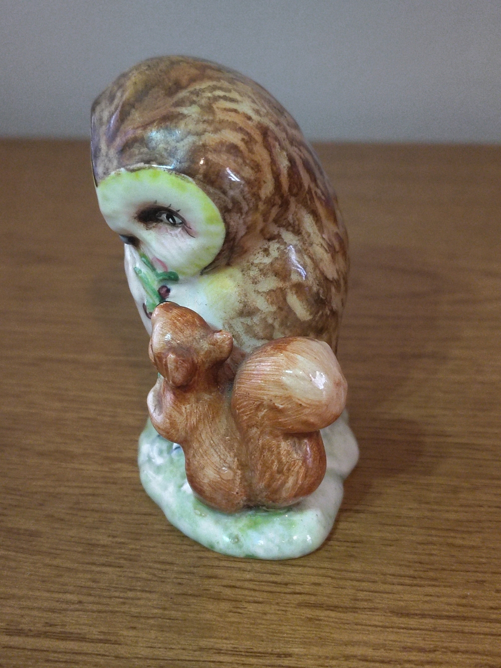Hand-Painted Brown and Cream Owl with Squirrel Ceramic Figurine